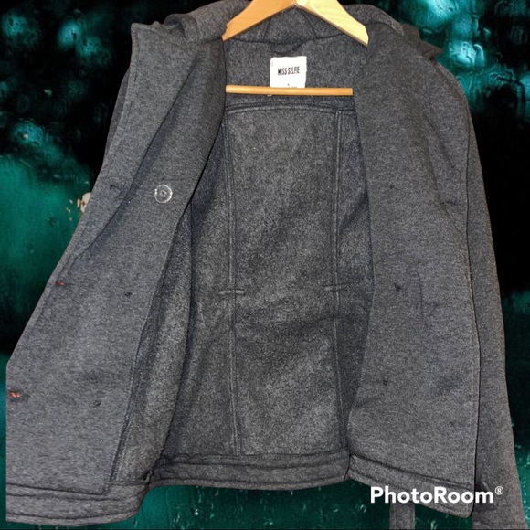 MISS SELFIE Lapel, Double-Breasted Pea Coat w/ Belt, Charcoal Gray, Woman's SM - Picture 8 of 15